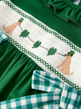 Load image into Gallery viewer, Girls St. Patrick’s Day Shamrock Puppy Smocked Dress
