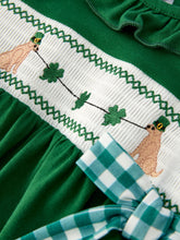 Load image into Gallery viewer, Girls St. Patrick’s Day Shamrock Puppy Smocked Romper