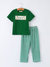 Load image into Gallery viewer, Boys St. Patrick’s Day Shamrock Puppy Smocked Plaid Set