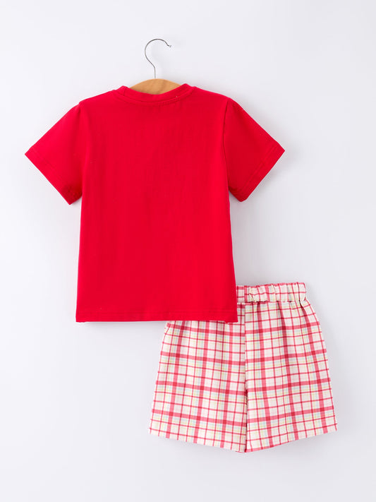 Back To School School Bus Boys Set Red Plaid Shorts