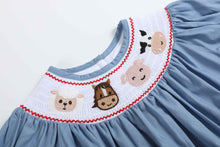 Load image into Gallery viewer, Blue Farm Animals Smocked Romper