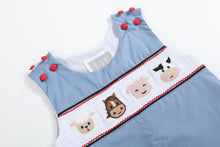 Load image into Gallery viewer, Blue Farm Animals Smocked Overalls
