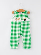 Load image into Gallery viewer, St. Patrick's Day shamrock Smocking Embroidered Green Plaid Boys' Romper