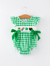 Load image into Gallery viewer, St. Patrick's Day Shamrock Smocking Embroidered Plaid Baby Girls Romper