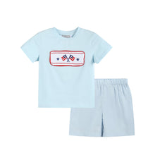 Load image into Gallery viewer, Light Blue USA Flag Smocked T-Shirt and Shorts Set