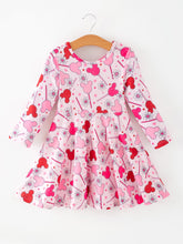 Load image into Gallery viewer, Valentine Dress for Girls – Pink Dress with Daisy & Lollipop Print