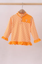 Load image into Gallery viewer, Orange Tennessee checkered pullover ruffle top