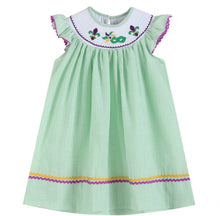 Load image into Gallery viewer, Green and Purple Mardi Gras Smocked Bishop Dress