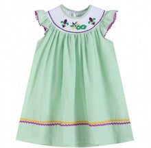 Load image into Gallery viewer, Green and Purple Mardi Gras Smocked Bishop Dress - Abbies Place