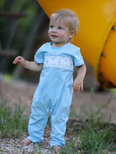 Load image into Gallery viewer, Blue Smocked Church Christ Bishop Christening Baby Boys' Romper