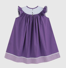 Load image into Gallery viewer, Purple and Gingham Mardi Gras Smocked Bishop Dress