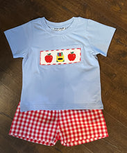 Load image into Gallery viewer, Back To School Crayons And Apples Hand Smocked Gingham Boys Short Set