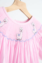 Load image into Gallery viewer, Pink alpaca hand smocked gingham dress