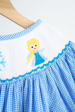 Load image into Gallery viewer, Blue snow princess hand smocked gingham dress