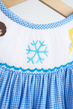 Load image into Gallery viewer, Blue snow princess hand smocked gingham dress