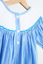Load image into Gallery viewer, Blue snow princess hand smocked gingham dress