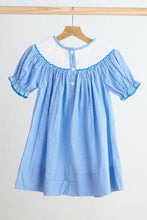 Load image into Gallery viewer, Blue snow princess hand smocked gingham dress