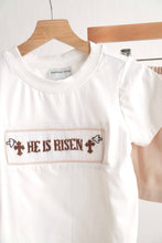 Load image into Gallery viewer, Khaki he is risen hand-smocked boy set - Abbies Place