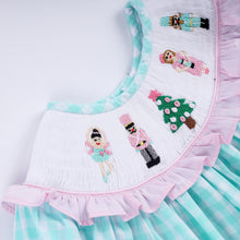 Load image into Gallery viewer, Mint christmas nutcracker hand smocked gingham ruffle pants set