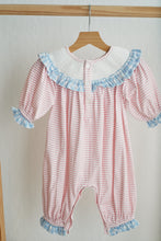 Load image into Gallery viewer, Pink candy cane bow hand smocked ruffle romper