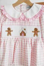 Load image into Gallery viewer, Pink gingerbread hand smocked gingham ruffle pants set