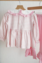 Load image into Gallery viewer, Pink gingerbread hand smocked gingham ruffle pants set