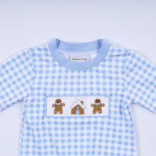 Load image into Gallery viewer, Blue gingerbread hand smocked gingham romper