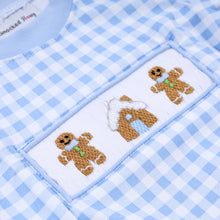 Load image into Gallery viewer, Blue gingerbread hand smocked gingham romper