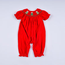Load image into Gallery viewer, Red christmas tree hand smocked romper