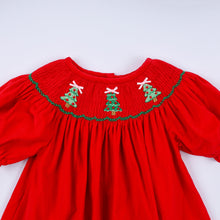Load image into Gallery viewer, Red christmas tree hand smocked dress