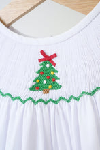 Load image into Gallery viewer, White chrismtas tree hand smocked girl romper