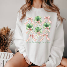 Load image into Gallery viewer, One Lucky Mama, St. Paddy's Day, Coquette, Bow, Clover, Shamrock, Lucky, Irish, Lucky Charm, St Patrick's Day Sweatshirt