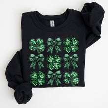 Load image into Gallery viewer, Sparkly Clover, Shamrock, Faux Sequins, Bow, Coquette, Lucky, Irish, Lucky Charm, St Patrick's Day Sweatshirt