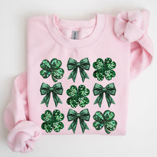 Load image into Gallery viewer, Sparkly Clover, Shamrock, Faux Sequins, Bow, Coquette, Lucky, Irish, Lucky Charm, St Patrick's Day Sweatshirt