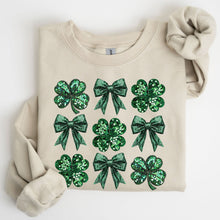 Load image into Gallery viewer, Sparkly Clover, Shamrock, Faux Sequins, Bow, Coquette, Lucky, Irish, Lucky Charm, St Patrick's Day Sweatshirt