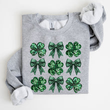 Load image into Gallery viewer, Sparkly Clover, Shamrock, Faux Sequins, Bow, Coquette, Lucky, Irish, Lucky Charm, St Patrick's Day Sweatshirt