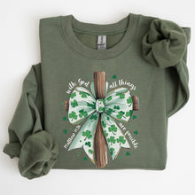 Load image into Gallery viewer, All Things Are Possible, Matthew 19:26, Christian, Coquette, Bow, Lucky, Shamrock, Lucky Charm, Irish, Retro, St Patrick's Day Sweatshirt