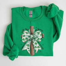 Load image into Gallery viewer, All Things Are Possible, Matthew 19:26, Christian, Coquette, Bow, Lucky, Shamrock, Lucky Charm, Irish, Retro, St Patrick's Day Sweatshirt