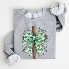 Load image into Gallery viewer, All Things Are Possible, Matthew 19:26, Christian, Coquette, Bow, Lucky, Shamrock, Lucky Charm, Irish, Retro, St Patrick's Day Sweatshirt