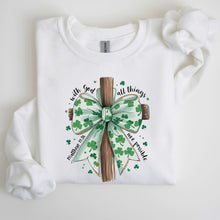 Load image into Gallery viewer, All Things Are Possible, Matthew 19:26, Christian, Coquette, Bow, Lucky, Shamrock, Lucky Charm, Irish, Retro, St Patrick's Day Sweatshirt