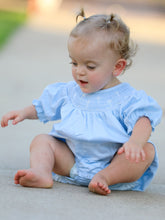 Load image into Gallery viewer, Girls Cross Smocking Embroidered Blue Romper