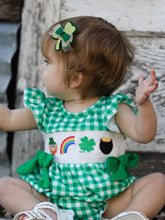 Load image into Gallery viewer, St. Patrick's Day Shamrock Smocking Embroidered Plaid Baby Girls Romper