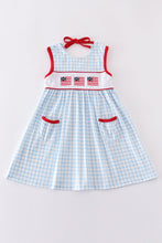 Load image into Gallery viewer, Blue flag embroidery gingham dress