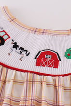 Load image into Gallery viewer, Khaki farm embroidery smocked plaid dress