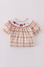 Load image into Gallery viewer, Khaki farm embroidery smocked plaid dress