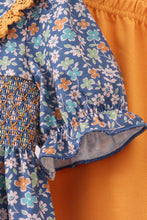 Load image into Gallery viewer, Navy floral smocked ruffle pants set