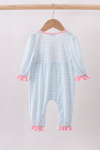 Load image into Gallery viewer, Blue animal smocked ruffle romper