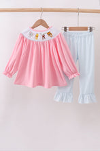 Load image into Gallery viewer, Pink animal smocked ruffle pants set