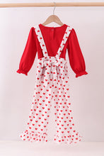 Load image into Gallery viewer, Red heart applique ruffle jumpsuit set