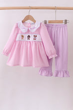 Load image into Gallery viewer, Pink puppy embroidery seersucker ruffle pants set